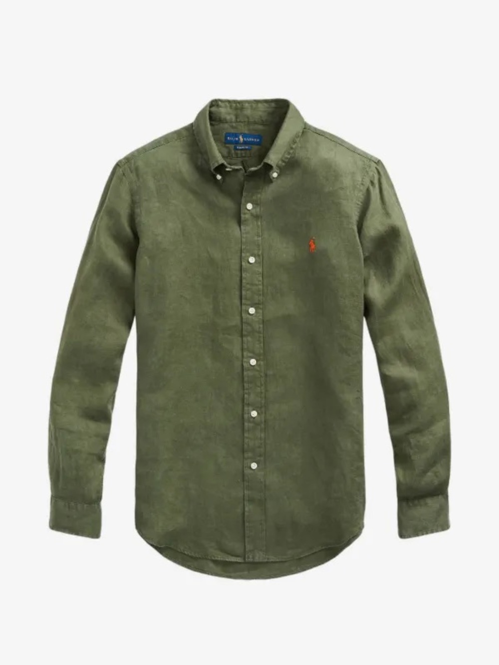Ralph Lauren Olive Green Linen Button-Down Shirt with Orange Polo Logo